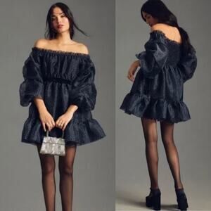 Anthropologie x Mare Mare Black White Ruffle Print Babydoll Dress Size S